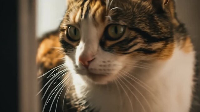 Close up of a calico cat with green eyes looking into the camera.