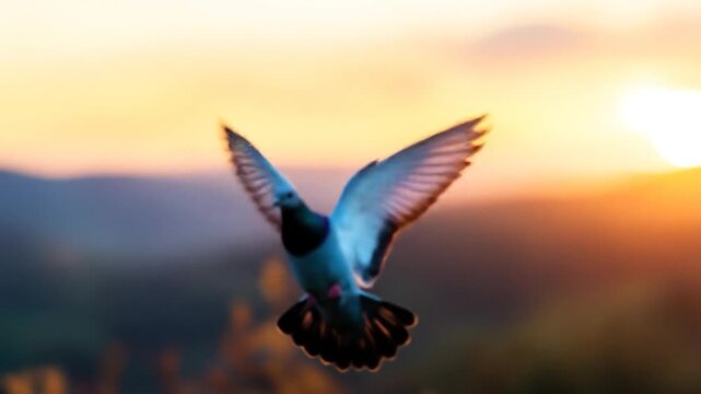 Flying bird with spread wings silhouette against sunrise sky - Powered by Adobe