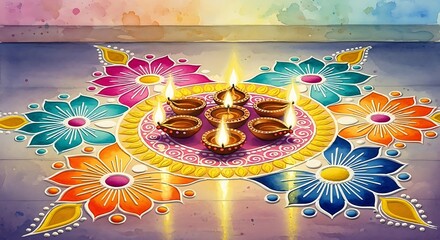 Watercolor rangoli with glowing diyas for Diwali festival artwork