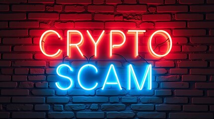 Obraz premium Illuminated neon sign reading 'CRYPTO SCAM' in red and blue against a brick wall.