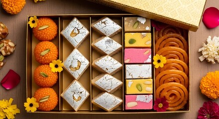 Traditional Indian Diwali sweets assortment in festive golden gift box