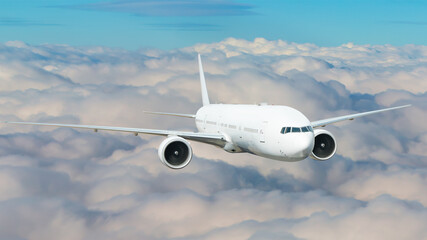White passenger airplane flying in the sky amazing clouds in the background - Travel by air transport
