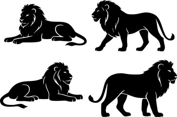 Silhouette of elegant tiger or lion in different style and poses. kids movie character, cartoon or animation film idea.