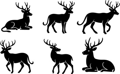Silhouette of stag in different style and poses. kids movie character, cartoon or animation film idea.