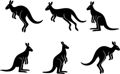 Silhouette of kangaroo in different style and poses. kids movie character, cartoon or animation film idea.