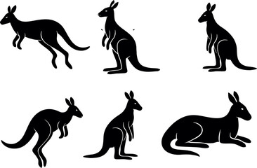 Silhouette of kangaroo in different style and poses. kids movie character, cartoon or animation film idea.