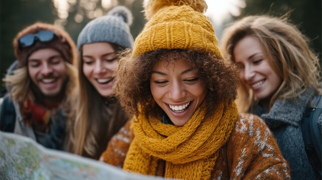 Four friends wearing winter clothes are smiling and looking at a map outdoors, enjoying a happy moment together.
