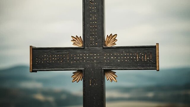 Close up of a cross with inscription and hands reaching out.