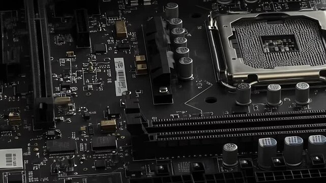 Close up of a computer motherboard with CPU socket and RAM slots.