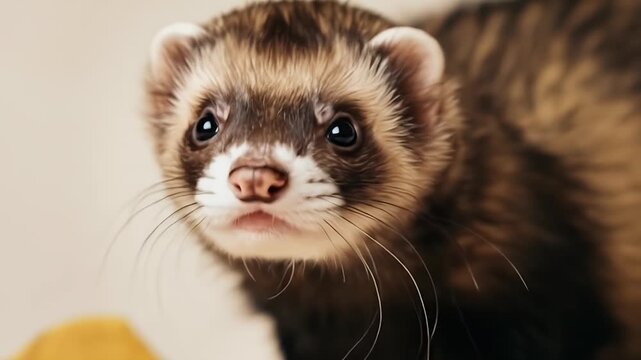 Close up of a cute ferret looking directly at the camera.