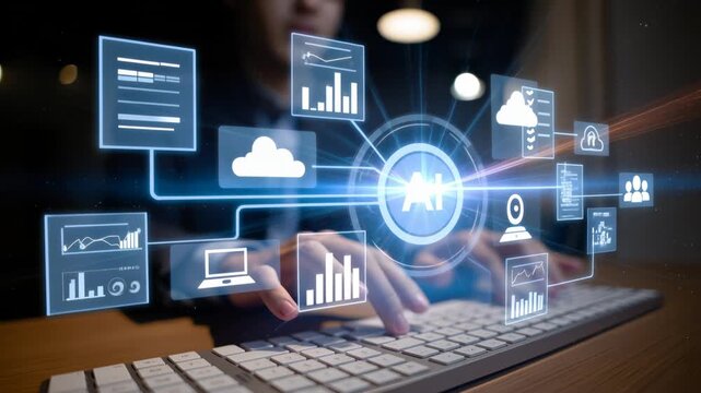 Person typing rapidly on keyboard with dynamic blue holographic AI data streams and icons representing charts, documents, laptop, cloud security, and user groups emerging from screen