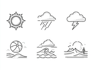 Weather elements and scenic landscapes in outline style providing diverse environmental and meteorological concepts in monochrome