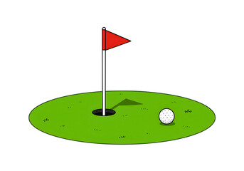 Golf hole with flag and ball isolated on transparent background