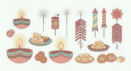 Pastel flat illustration of Diwali diyas, sweets and crackers in minimal style