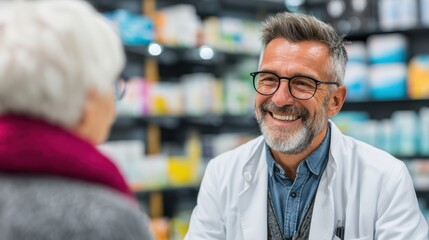 Fototapeta premium A friendly male pharmacist in a white coat smiles while consulting an elderly customer in a pharmacy setting.