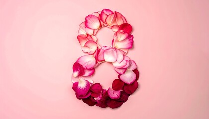 Rose petals forming the number eight on a pink background
