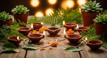Eco-friendly Diwali with clay diyas and greenery for sustainable celebration
