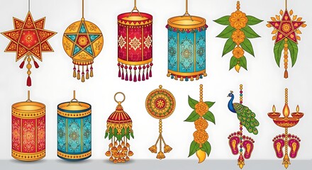 Diwali Lantern and Toran Decorative Vector Elements for Festive Decor and Celebration Design