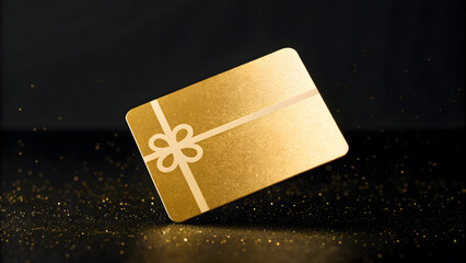 Shiny golden gift card floating above a dark background with sparkling dust