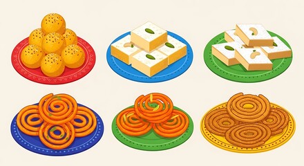 Indian Diwali Sweets Vector Illustration Pack of Mithai Desserts and Festive Snacks