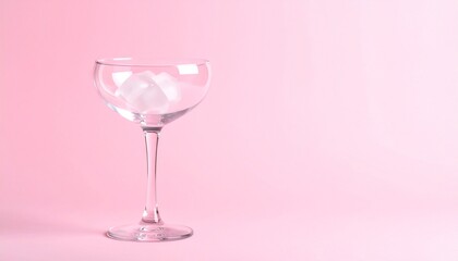 One empty cocktail glass with ice, soft pink background
