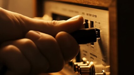 Close up of a hand adjusting a vintage stereo system knob.