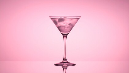 One empty cocktail glass with ice, soft pink background
