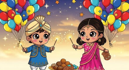 Cartoon children celebrating Diwali with sparklers and sweets in festive background