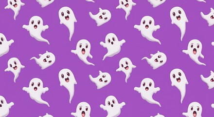 Fototapeta premium Playful white cartoon ghosts dance across a vibrant purple background, perfect for Halloween celebrations and festive designs