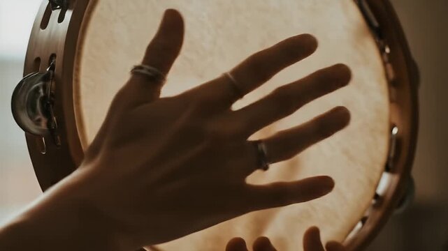 Close up of a hand playing a tambourine with rings on fingers.