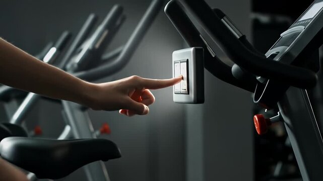 Close up of a hand pressing a button on a gym machine.
