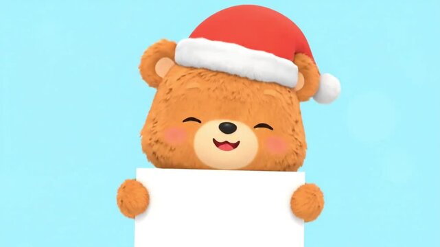 cute christmas bear in santa hat holding blank sign - Powered by Adobe
