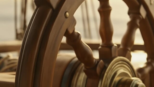 Close up of a hand turning a wooden ships wheel on a boat.