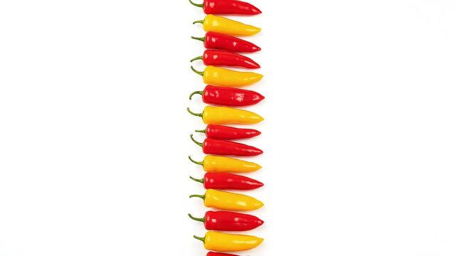 Colorful fresh sweet mini peppers arranged in pattern on white surface, ideal for healthy recipes or food marketing content