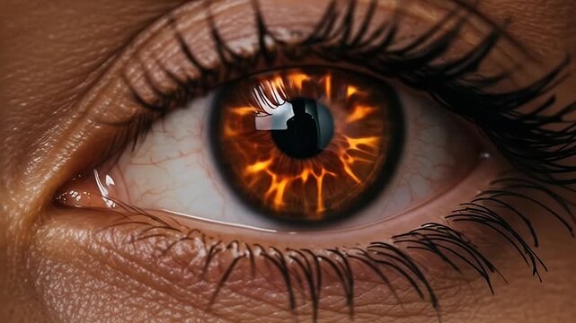 Close up of a human eye with a fiery iris.