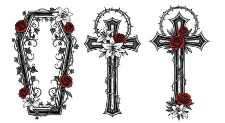 Set of Gothic Coffin and Cross Illustrations with Red Roses and Thorns for Tattoo Design