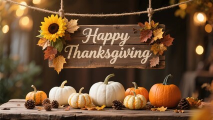 Wooden 'Happy Thanksgiving' sign decorated with autumn leaves and sunflower, displayed above pumpkins and pinecones on a rustic table.