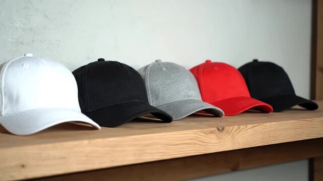 row of colorful baseball caps on wooden shelf