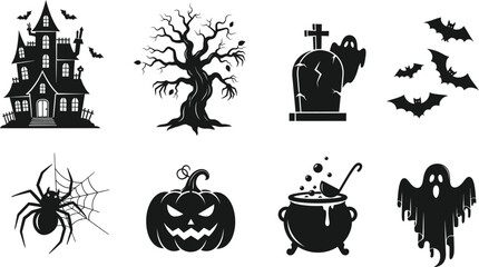Collection of halloween silhouettes featuring a haunted house, tree, tombstone, bats, spider, pumpkin, cauldron, and ghost