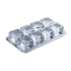 Clear, square ice cubes in a light-colored tray