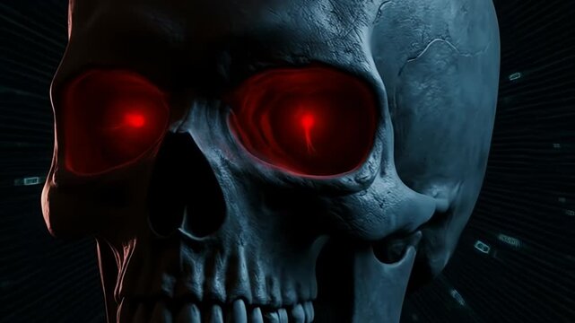 Close up of a menacing skull with glowing red eyes in the dark.