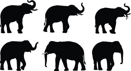 Elephant silhouette vector set, wild animal poses, black flat icons, trunk raised, nature wildlife, CAD drawing flat vector illustration