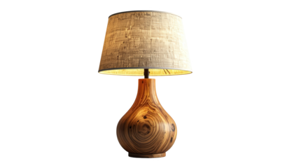 Illuminated wooden table lamp with a patterned lampshade, showcasing a warm ambiance against a deep black backdrop, casting soft light on the natural wood grain details, evoking a sense of...