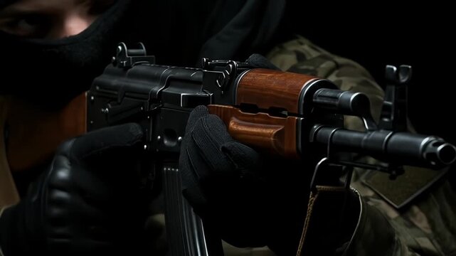 Close up of a person holding an AK 47 rifle in dark lighting.
