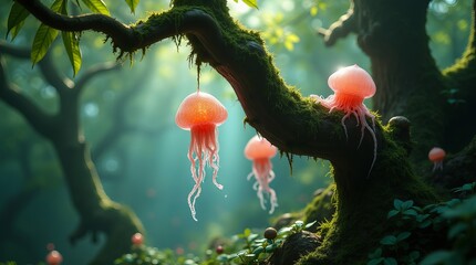 Enchanting scene of glowing pink jellyfish suspended from a moss-covered tree branch in a magical forest.