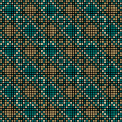 ornament from squares. blue, brown hand drawn pixels. vector seamless pattern. black repetitive background. modern decorative art. geometric fabric swatch. textile design template. home decor