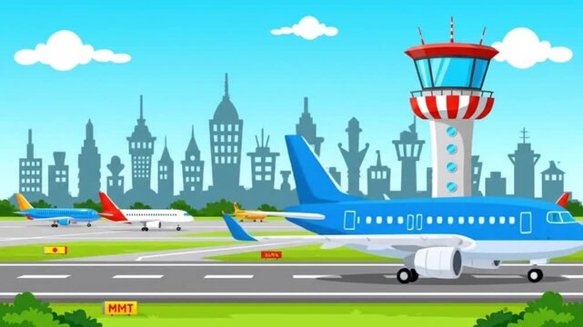 city airport with airplanes and control tower illustration