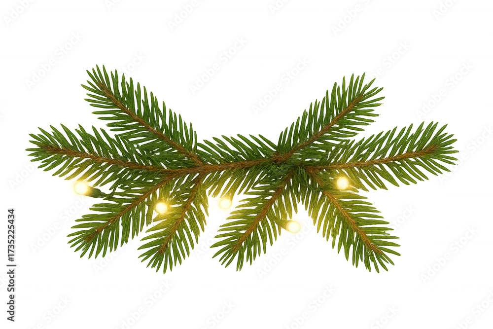 Wall mural pine branches with glowing fairy lights, creating a festive holiday border element on a transparent 