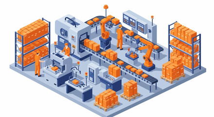 Obraz premium Isometric illustration factory floor machinery workers conveyor belts shelves boxes robotic arm control panels