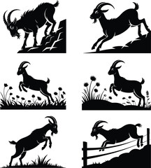 Goat silhouette, jumping goat, farm animal vector, energetic livestock, black shape, rural icon, mountain goat, cad drawing, flat vector illustration